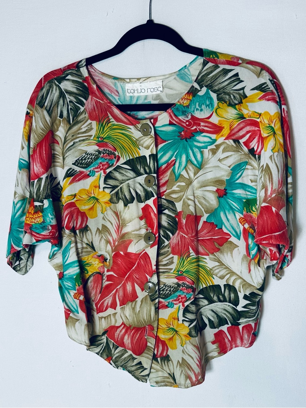Vintage Tokyo Rose Bird Of Paradise Hibiscus Button Up Top M Tiki Resort Wear